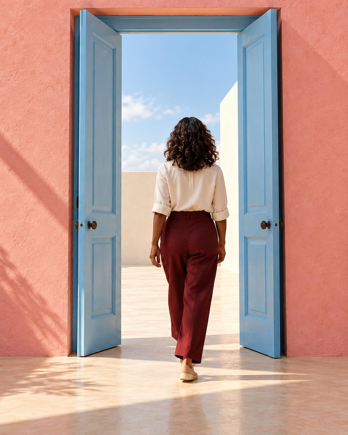 Concept of a woman stepping through a blue doorway in a pink wall
