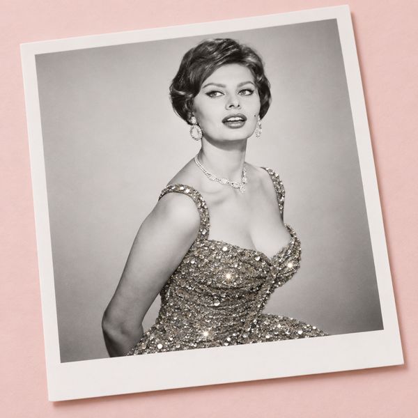 Concept: black-and-white Sophia Loren photographic print with silver glitter applied to the dress