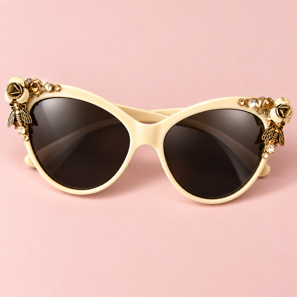 AI-styled image based on your embellished sunglasses with roses, crystals and bee charms